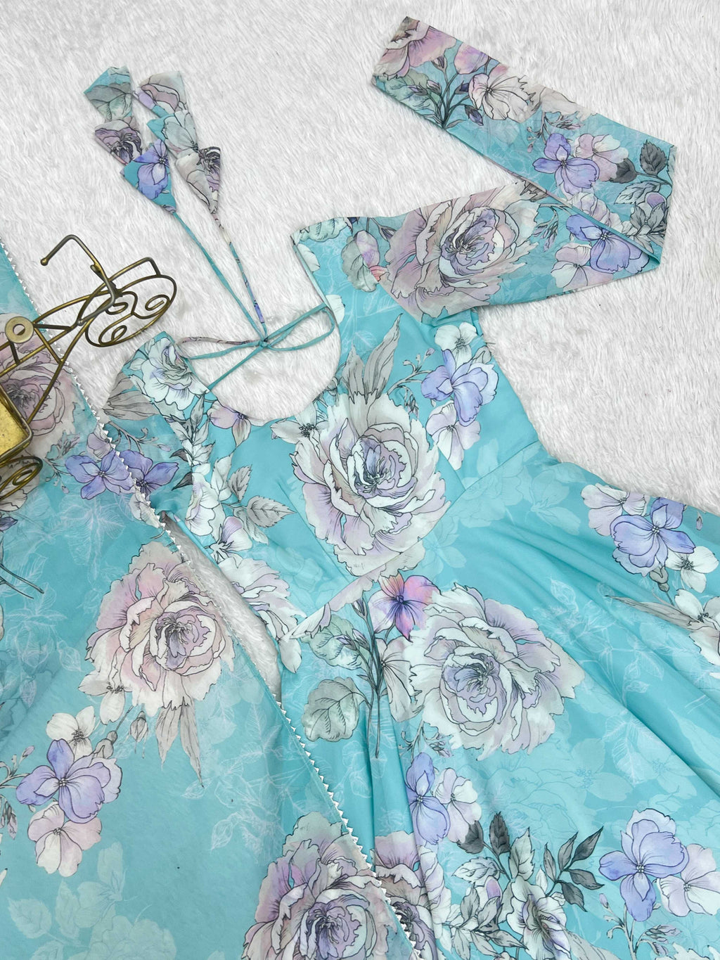 Evanik Skyblue Georgette Floral Print Fully Flair Gown Dupatta Ready To Wear