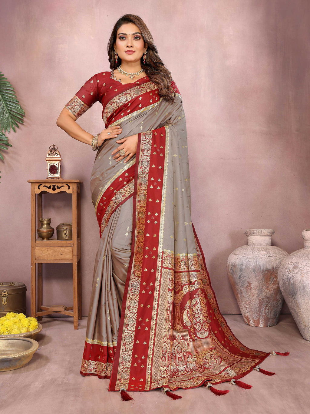 Aastha Fashion Grey Kalamkari Silk Zari Woven Saree