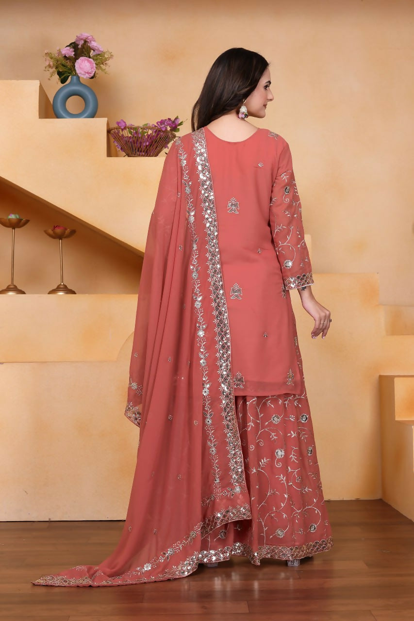 Teeya Creation Peach Color Faux Georgette Embroidery Work Wedding Wear Palazzo Set