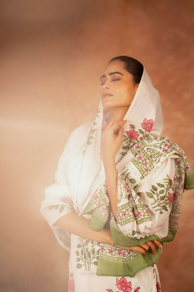 Joban Fashion Off White Red Hand Block Printed Cotton Suit Set