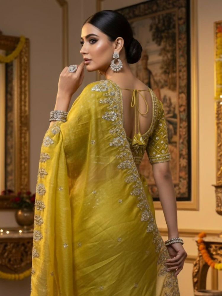 Joban Fashion Yellow Fandy Satin Silk Party Wear Sarees