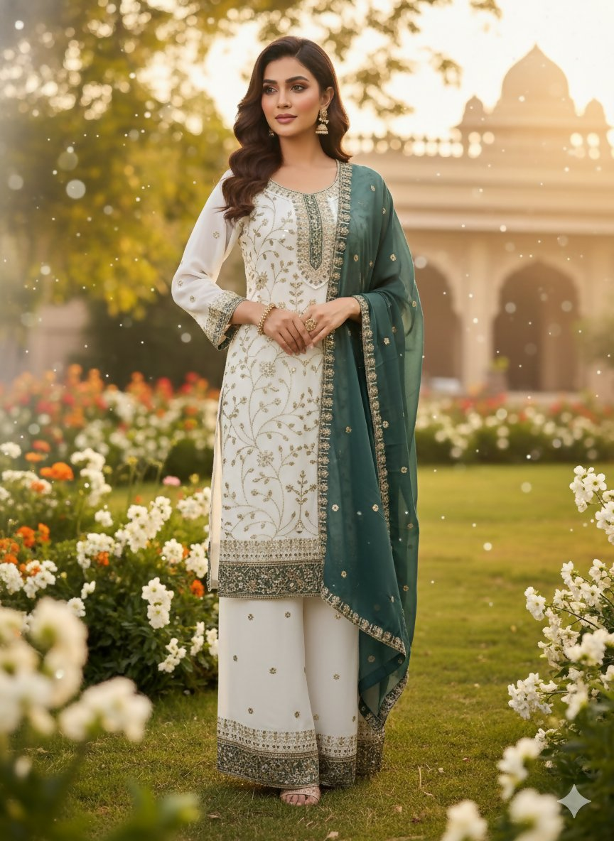 Teeya Creation White Color Faux Georgette Embroidery Work Long Party Wear Palazzo Suit