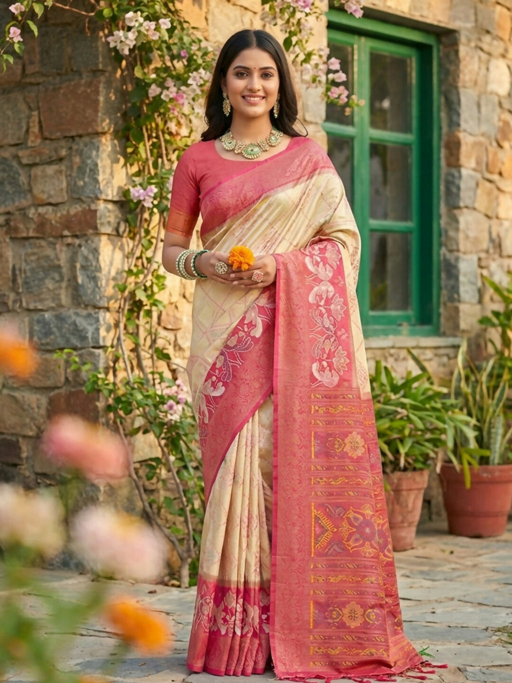 Shree Shyam Fashion Cream Pochampally Silk Saree