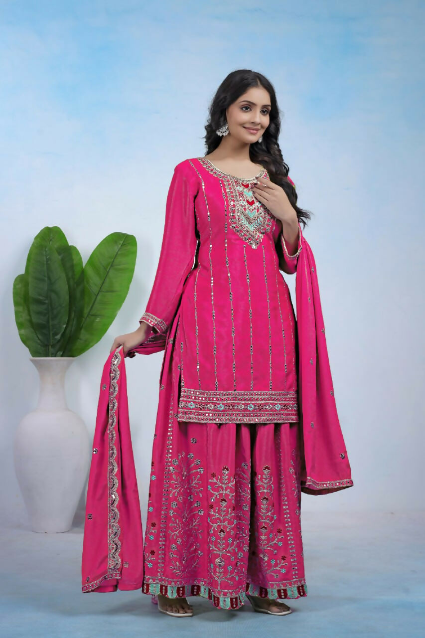 Teeya Creation Pink Color Chinon Silk Wedding Wear Trending Palazzo Set