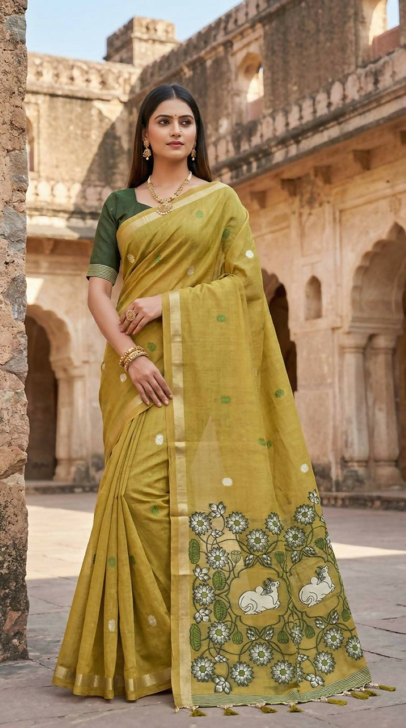 Vastranavya Yellow Muga Cotton Meenakari & Azarakh Pallu Saree with Contrast Blouse