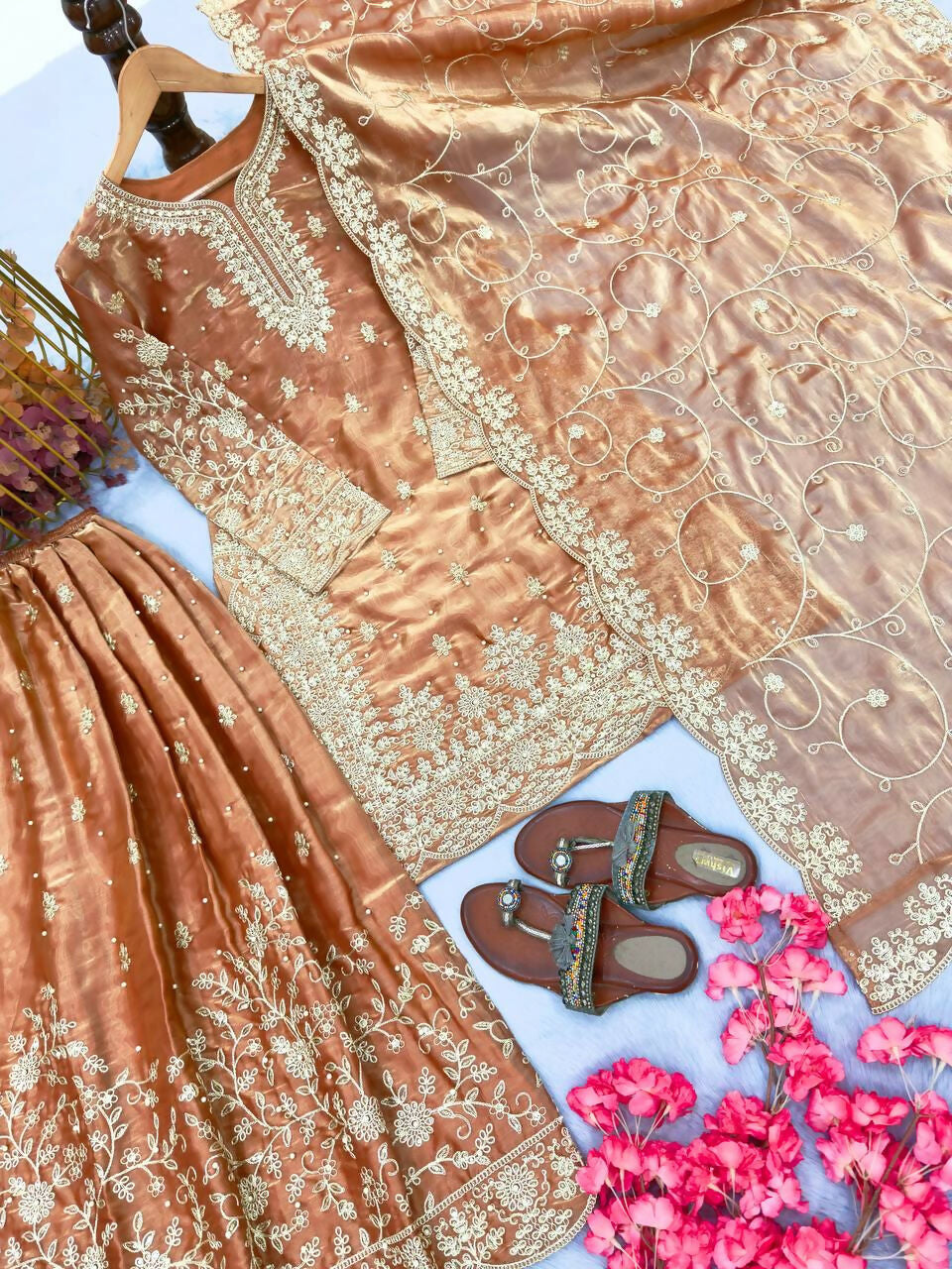 Teeya Creation Peach Pure Silk Gimmy Silk Heavy Embroidery Work Wedding Wear Palazzo Pair