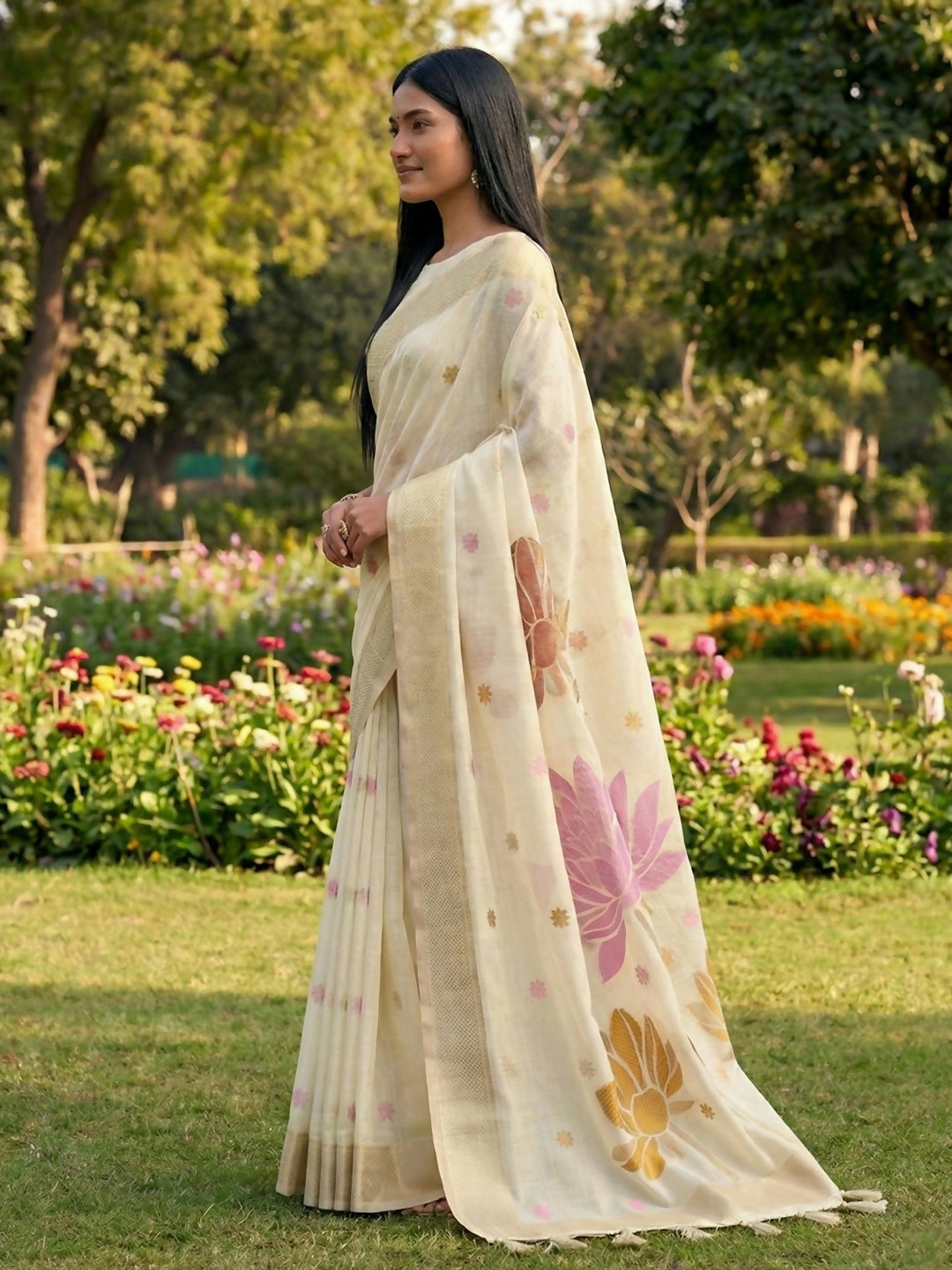 Shree Shyam Fashion White Linen Cotton Saree