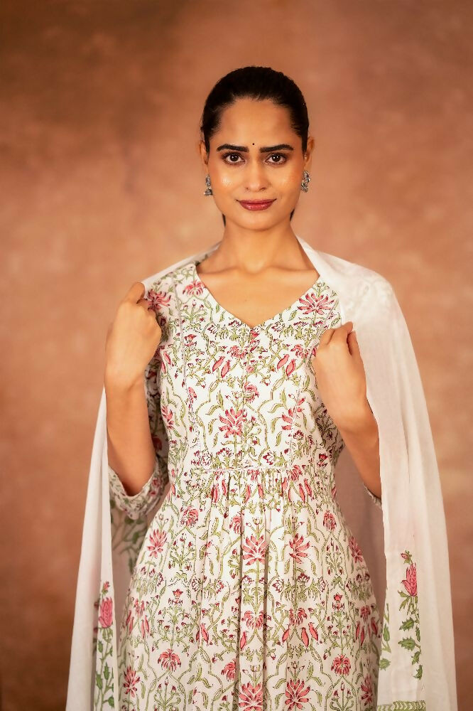 Joban Fashion Green Pink Hand Block Printed Cotton Suit Set