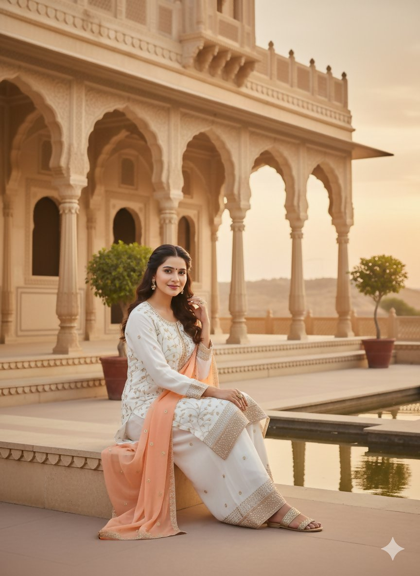 Teeya Creation White Color Faux Georgette Embroidery Work Long Party Wear Palazzo Suit