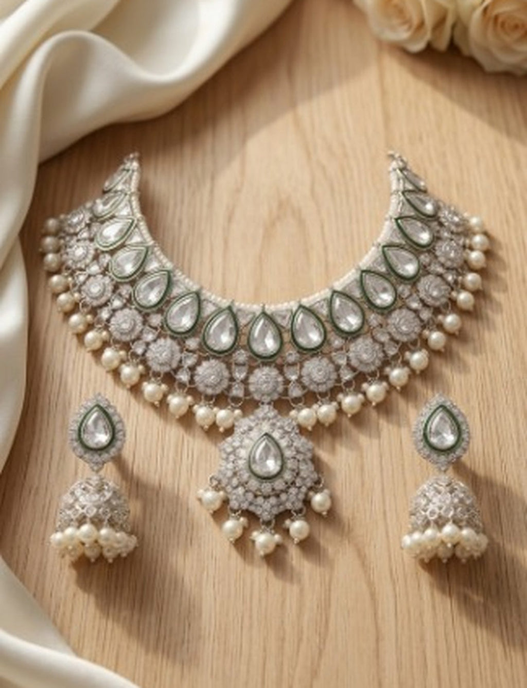 Jewel City Kundan & Pearl Gold-Plated Choker Necklace with Jhumka Earrings and Maang Tikka for Women