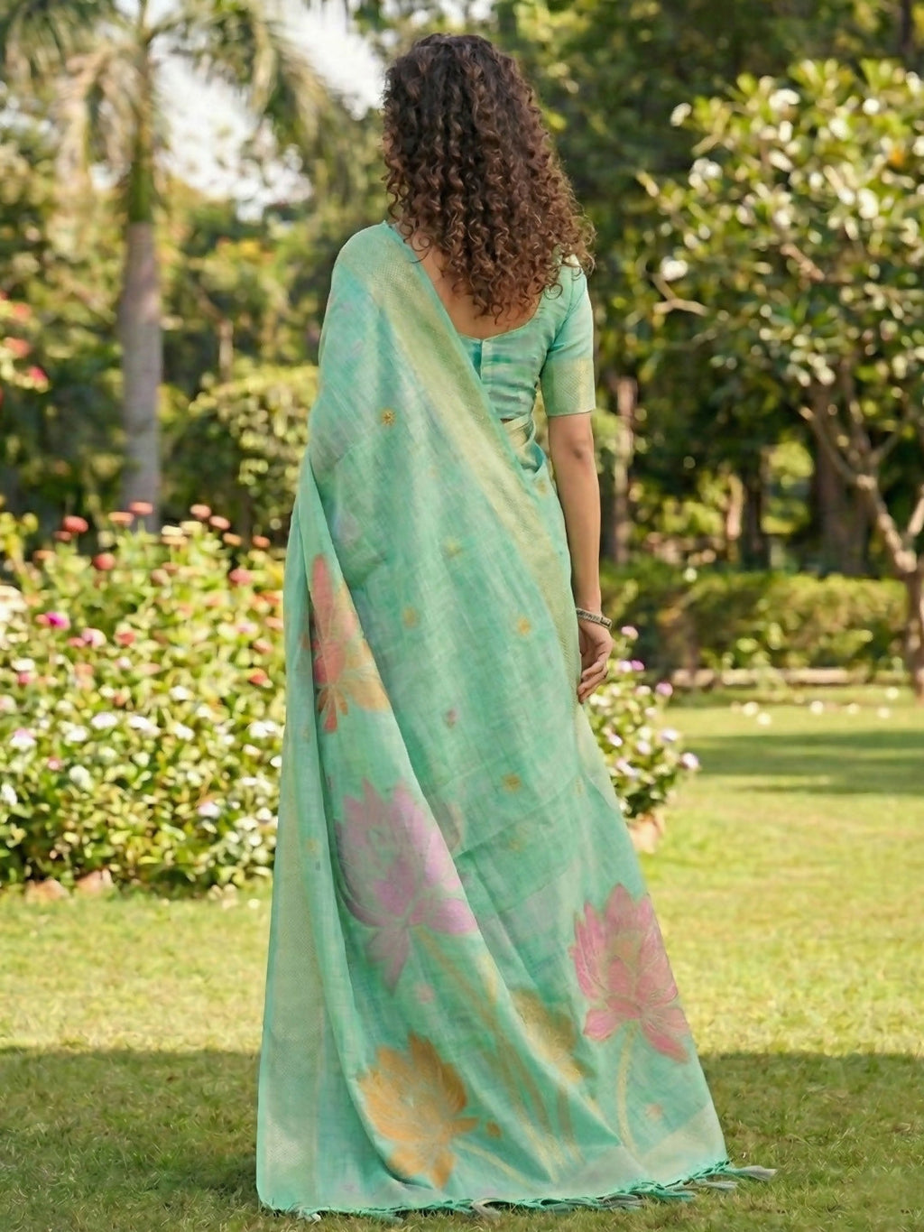 Shree Shyam Fashion Sea Green Linen Cotton Saree
