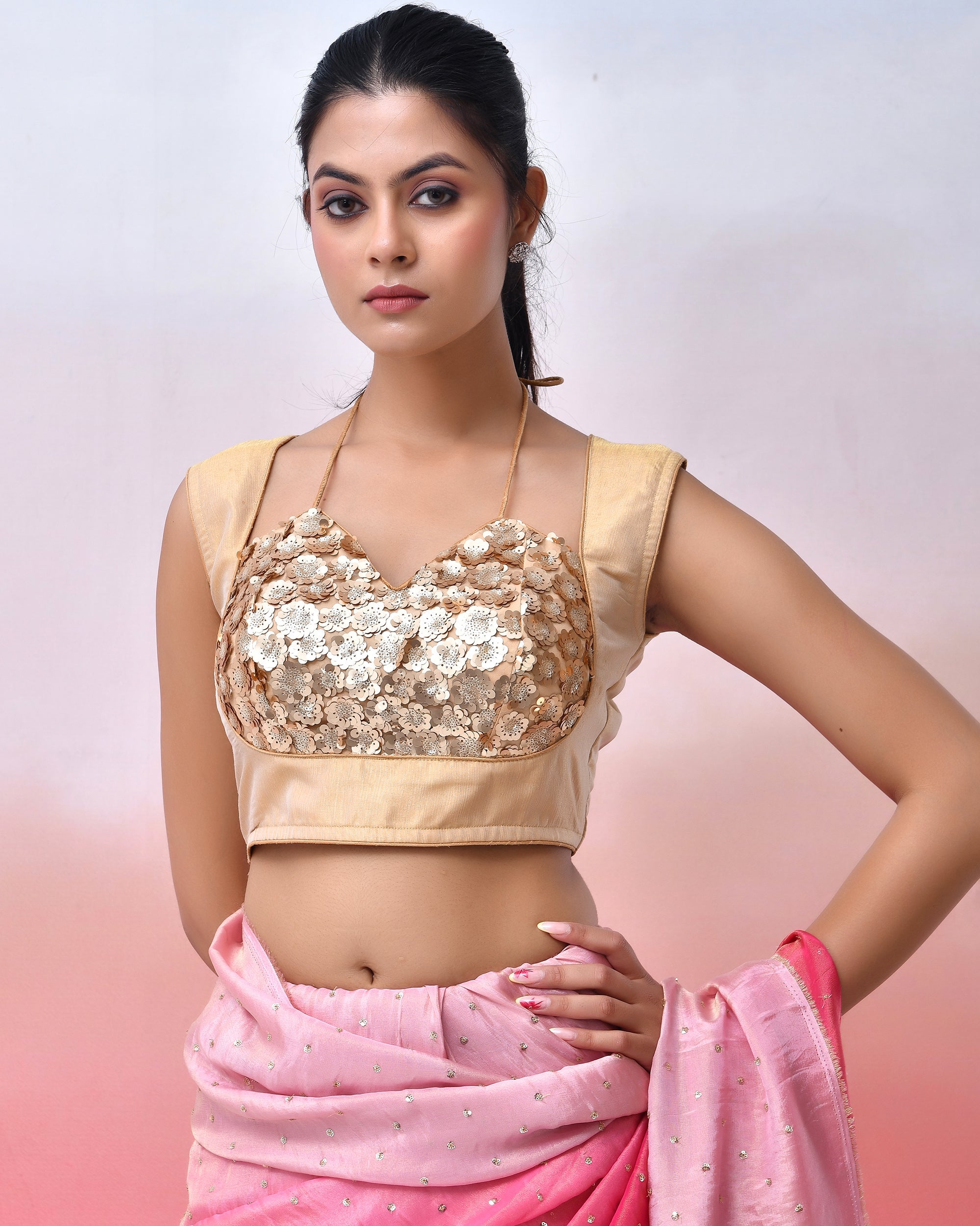 Amodini Designer Studio Women Embellished Sequined Masaba Cut Saree Blouse
