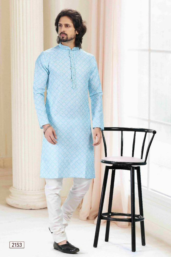 Raivat Ethnic Cotton Thread Work Kurta Pajama In Sky Blue Colour