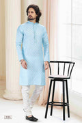 Raivat Ethnic Cotton Thread Work Kurta Pajama In Sky Blue Colour