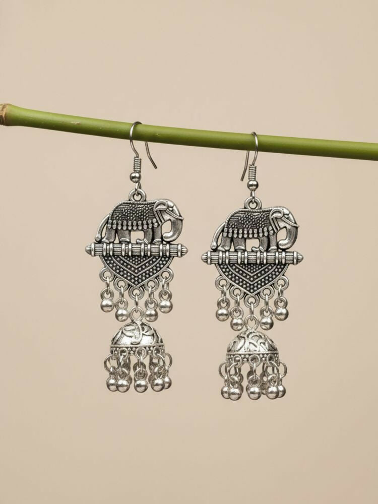 NVR Women Elephant Design German Silver Oxidised Jhumka Earrings