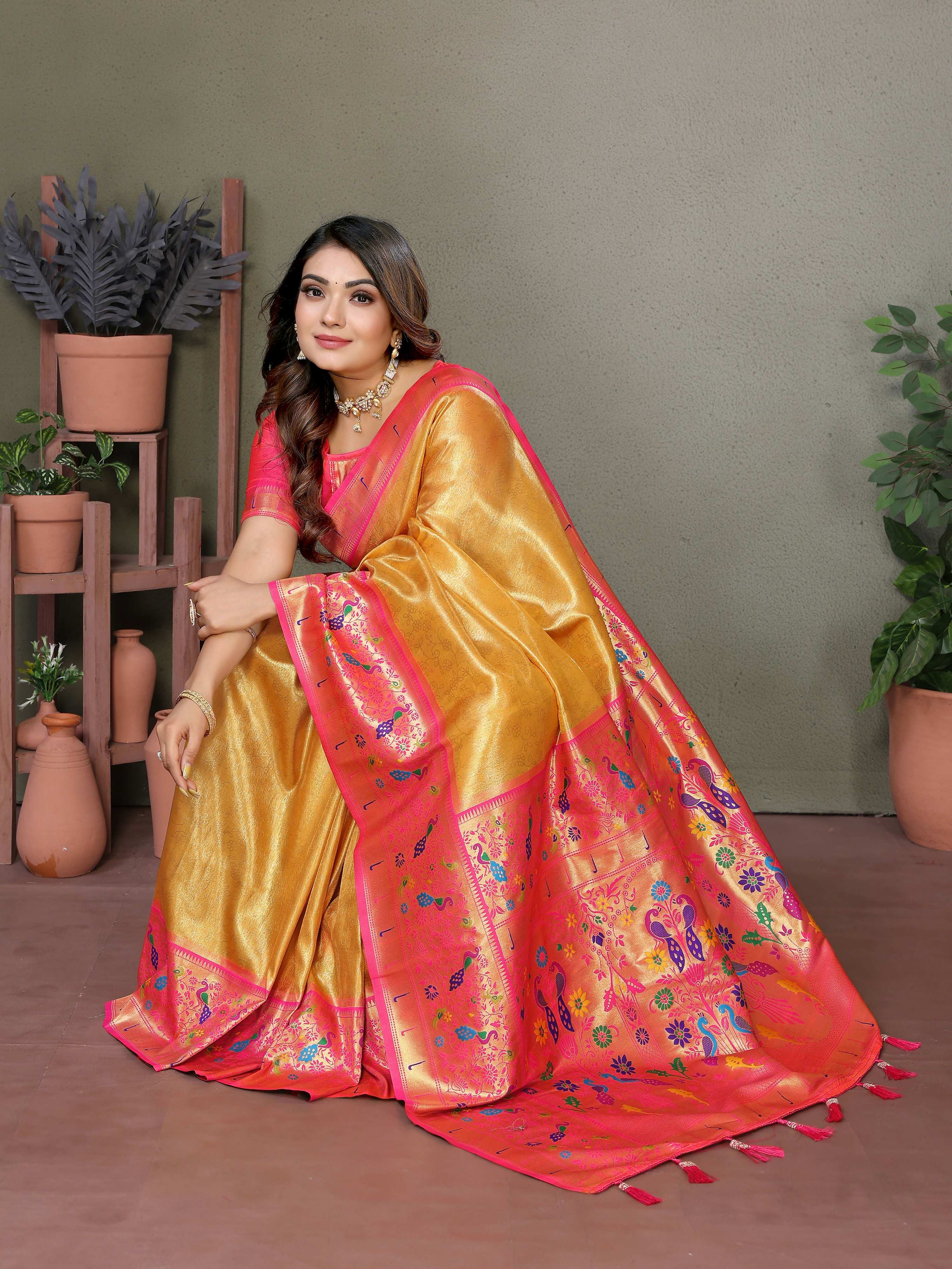 Aastha Fashion Yellow Tissue Silk Paithani Woven Saree