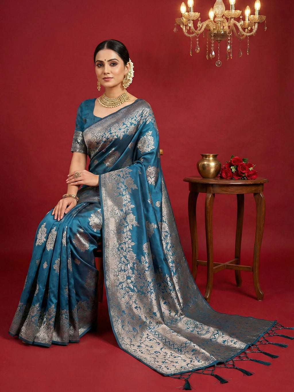 Shree Shyam Fashion Teal Blue Silk Blend Saree