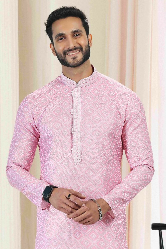 Raivat Ethnic Cotton Thread Work Kurta Pajama In Baby Pink Colour
