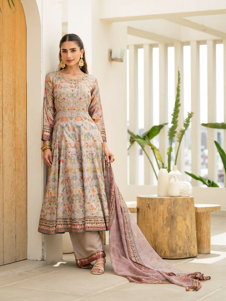 Functional Designer Grey Jam Silk Anarkali suit with Dupatta-Anbazaar