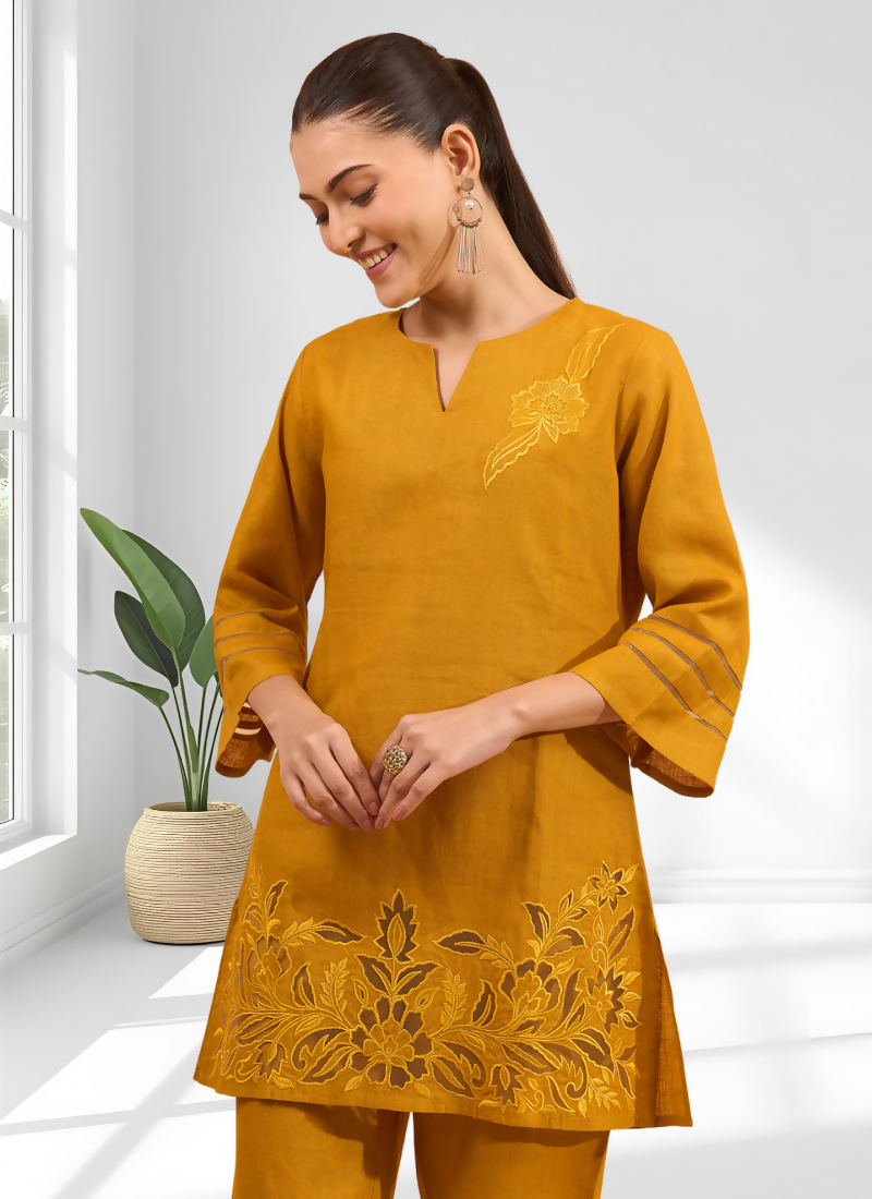 Joban Fashion Yellow Cotton, Linen Embroidered Readymade Cord Set