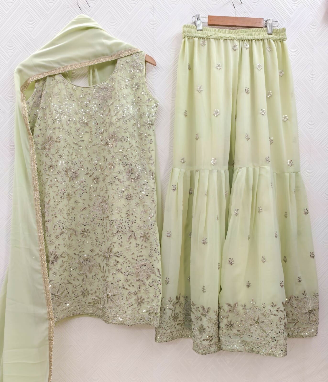 Teeya Creation Womens New Designer Georgette Green Embroidered Sharara Set With Sequence Work And Lace Border Dupatta