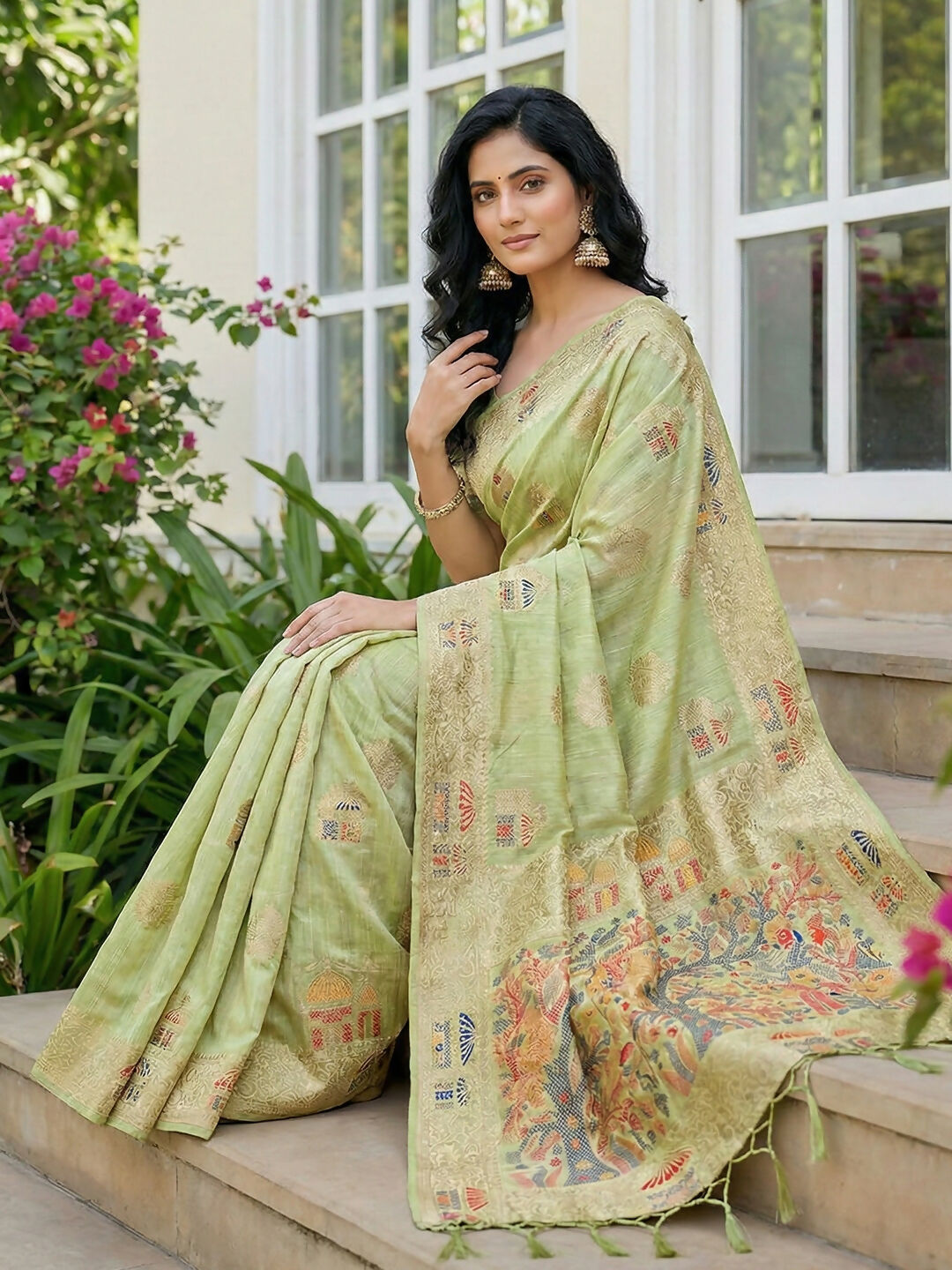 Shree Shyam Fashion Light Green Linen Cotton Saree