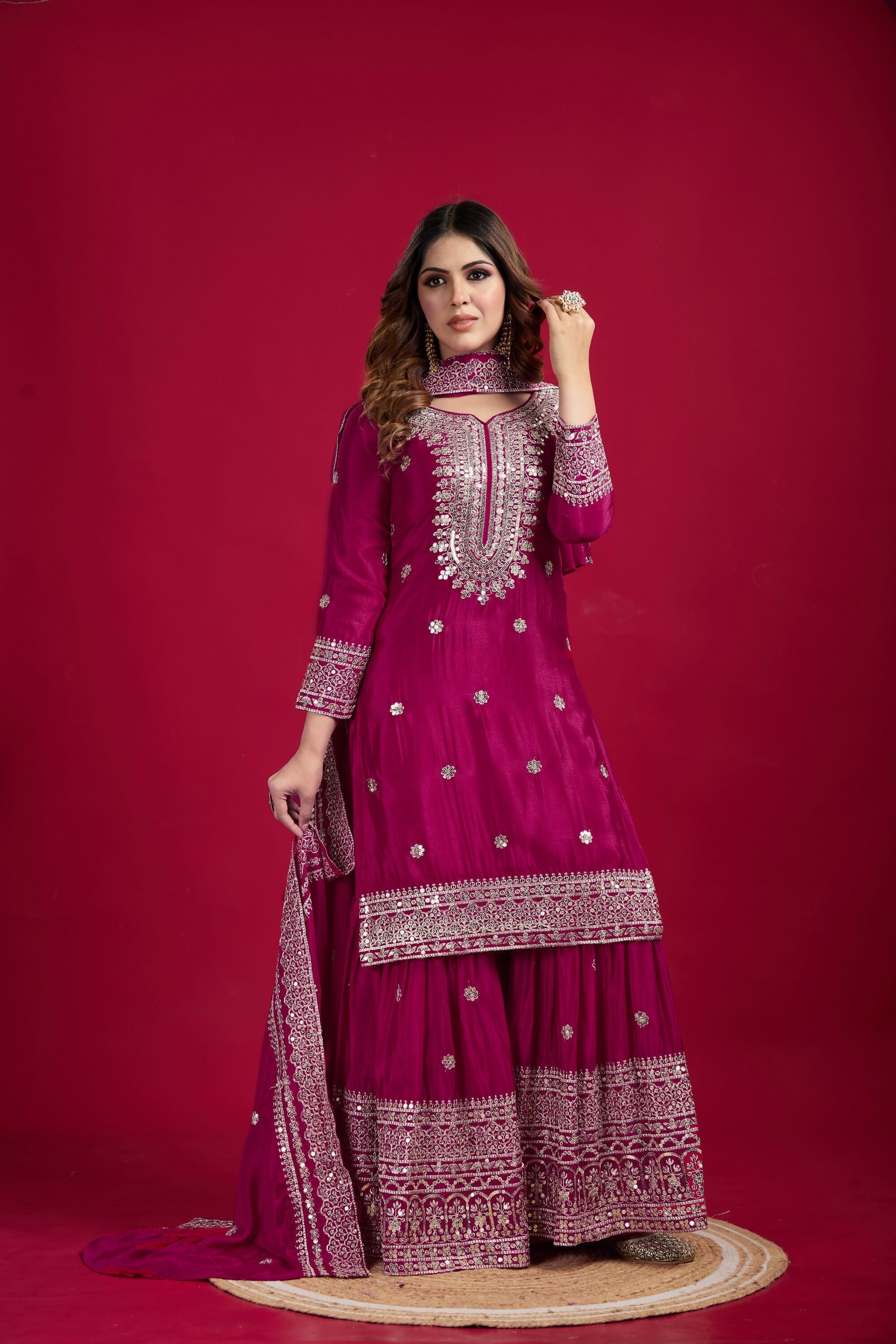 Joban Fashion Rani Kurta Set Silk Sequins , Zari, Coding & Thread Embroidered work