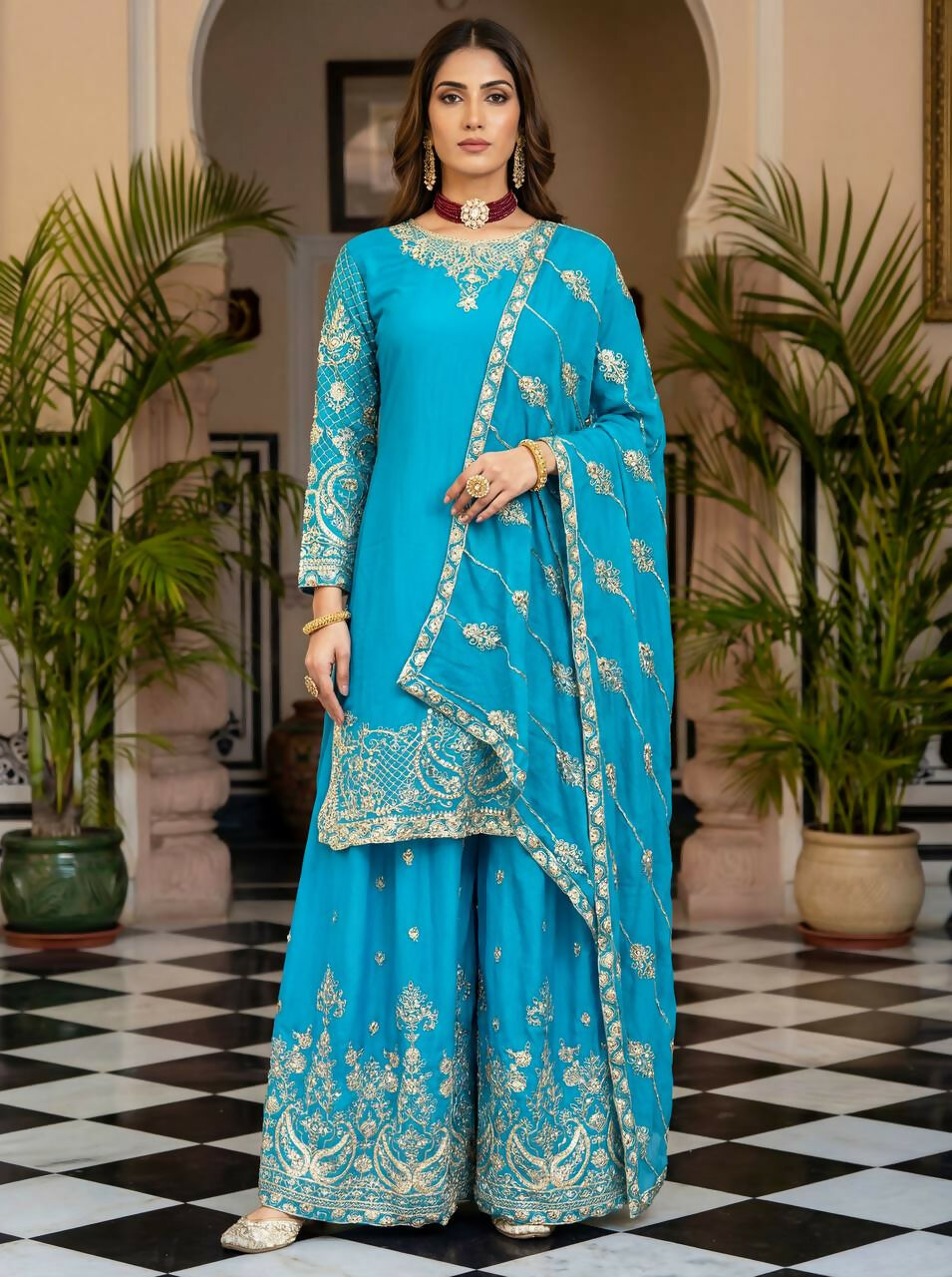Teeya Creation Sky Chinon Silk Designer Wedding Wear Embroidery Work Palazzo