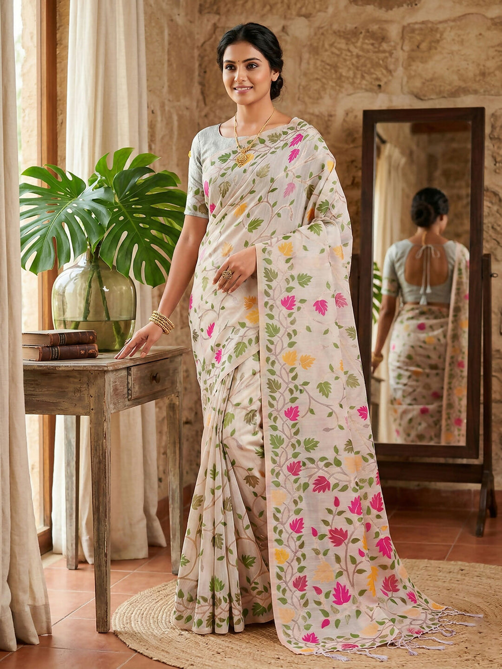 Shree Shyam Fashion White Linen Cotton Saree
