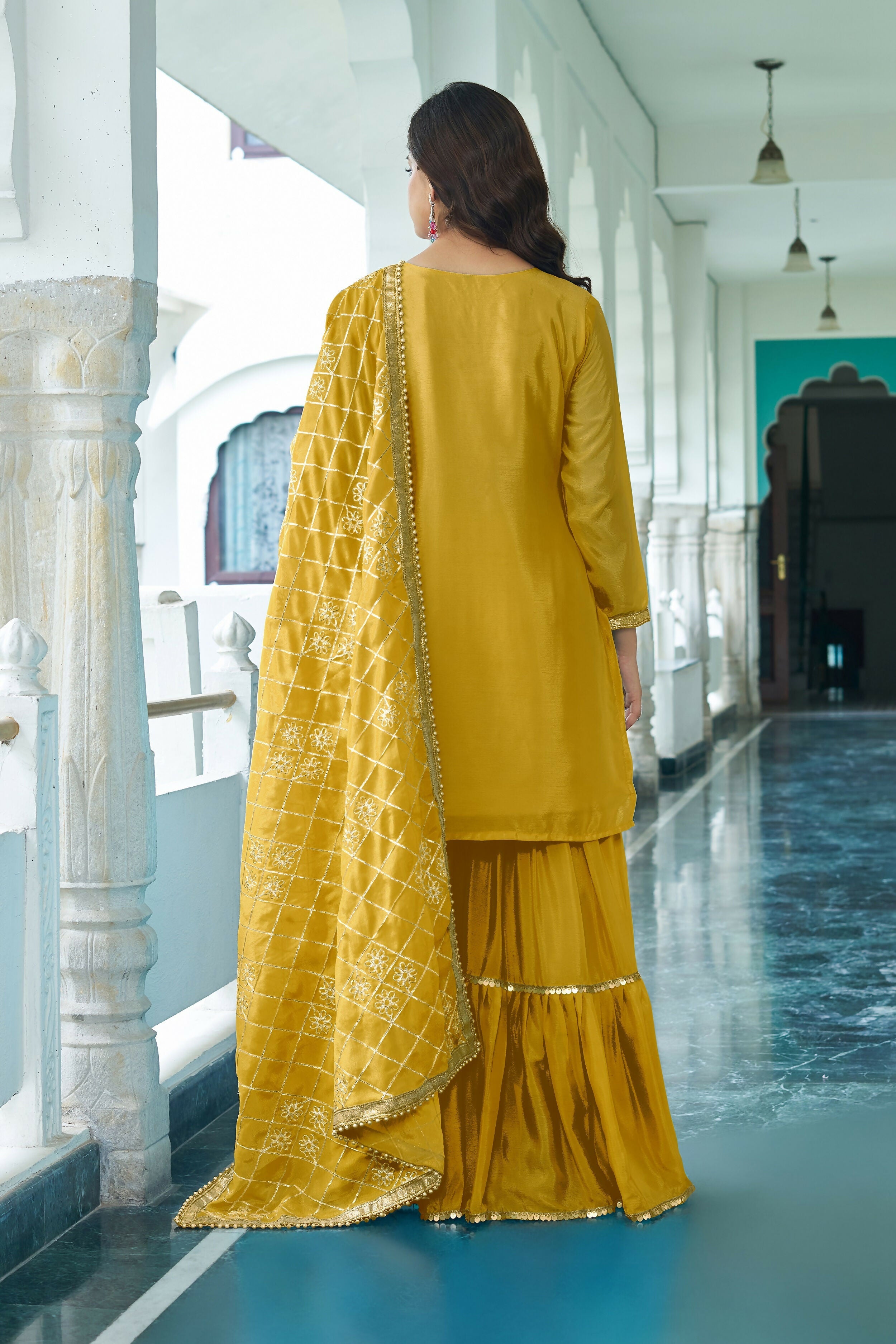 Joban Fashion Yellow Kurta Set Chinon Silk Embroidery Sequence Work