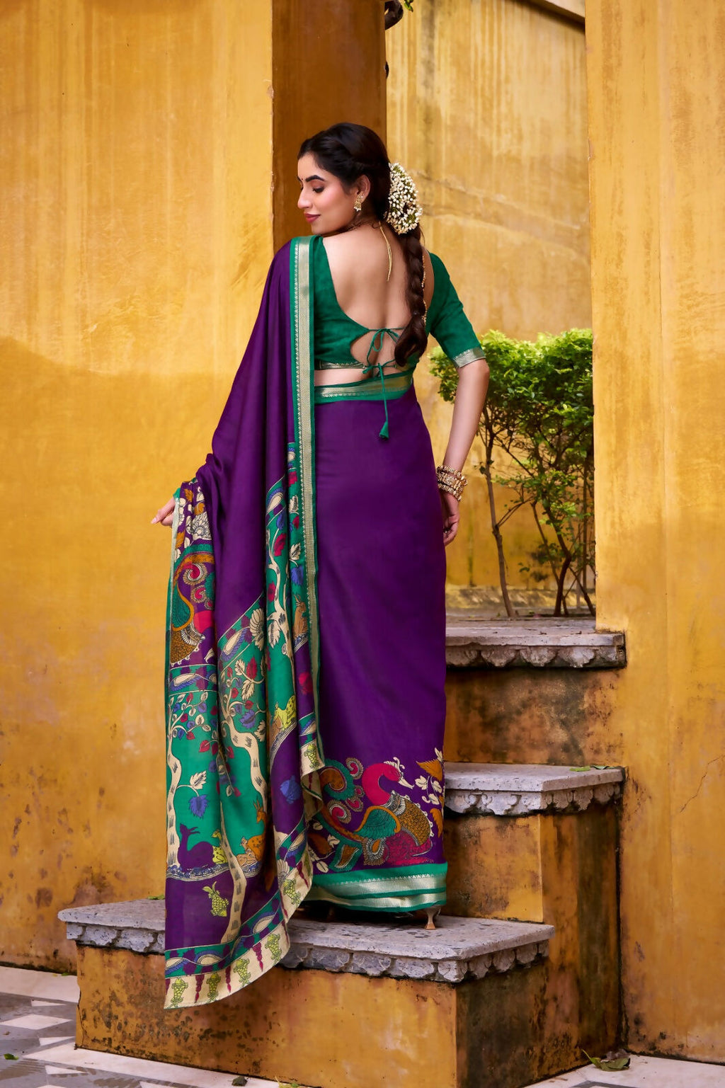 Vastranavya Purple Viscose Chanderi Kalamkari Print with Zari Working Saree & Unstitched Blouse