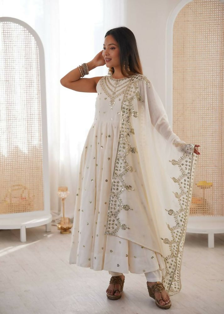 Teeya Creation White Color Roman Silk Embroidery Work Party Wear Gown