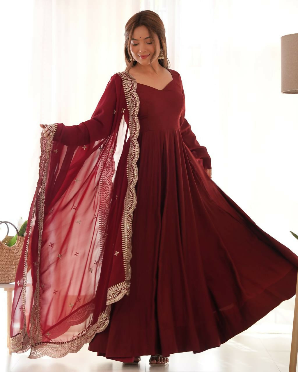 Lehenga Mart Designer Anarkali Suit With Kurta, Pant, Dupatta For Women-Maroon