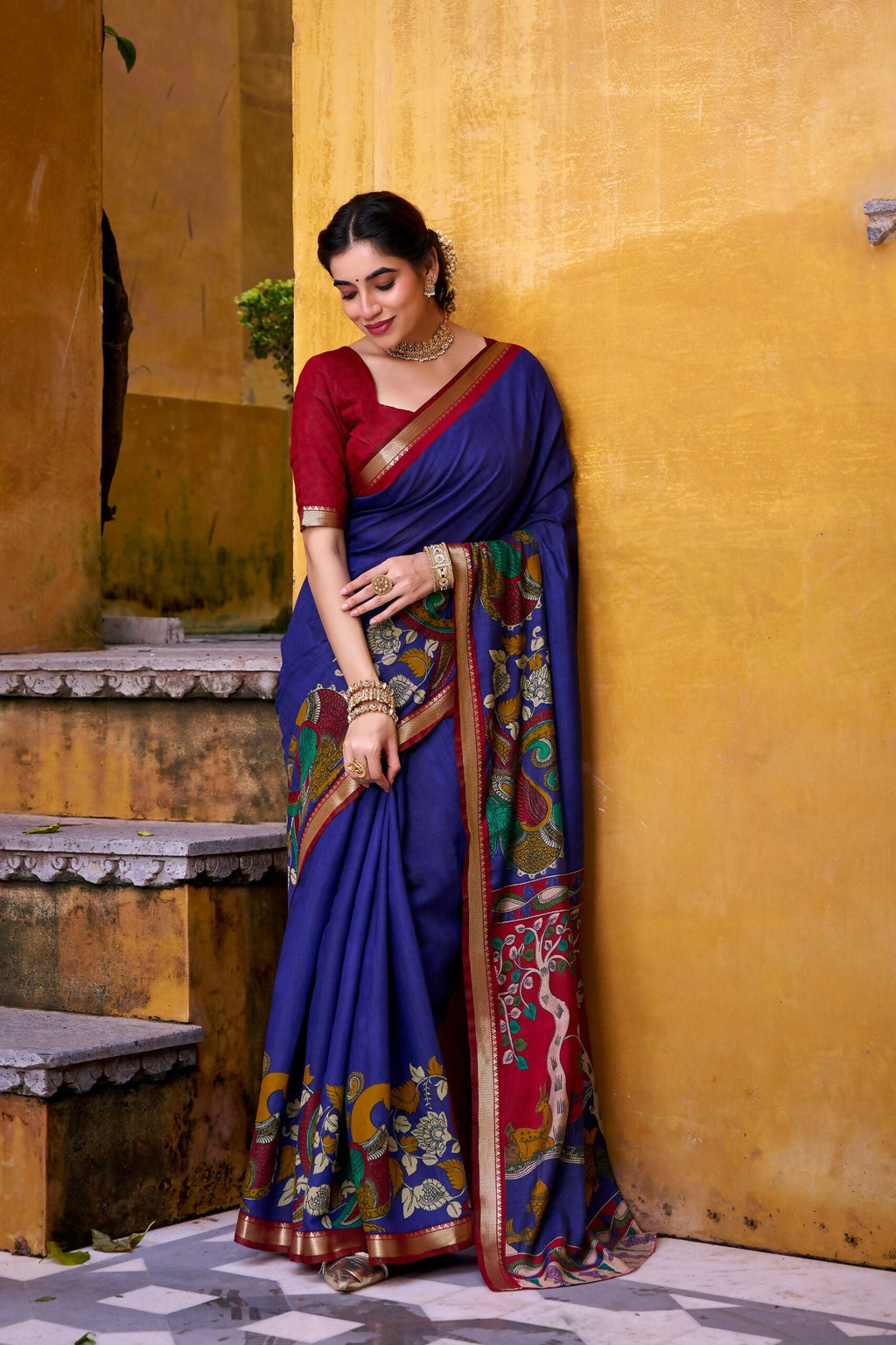 Vastranavya Blue Viscose Chanderi Kalamkari Print with Zari Working Saree & Unstitched Blouse
