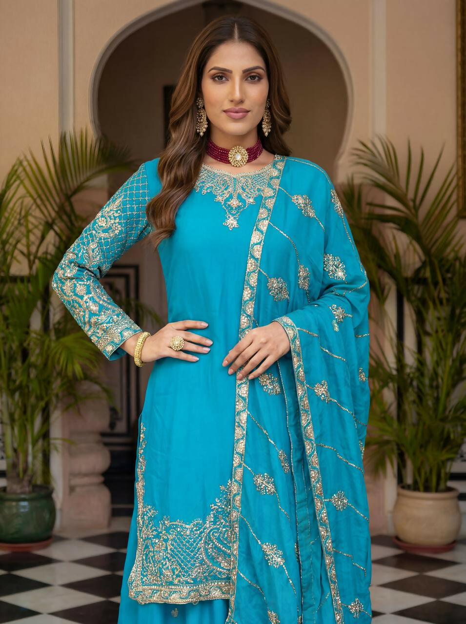 Teeya Creation Sky Chinon Silk Designer Wedding Wear Embroidery Work Palazzo