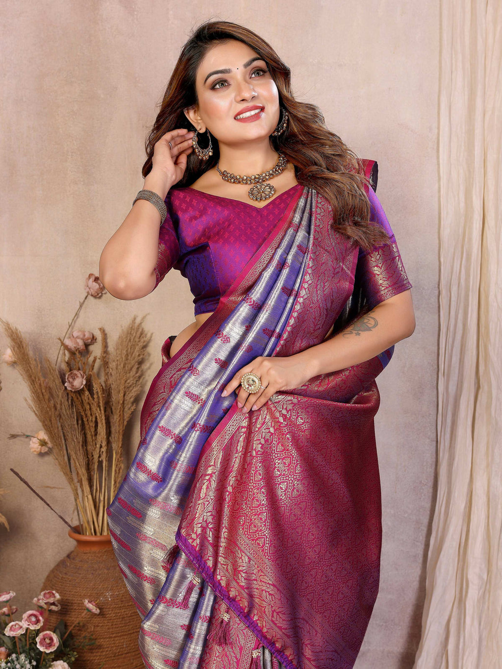 Aastha Fashion Purple Tissue Silk Paithani Woven Saree