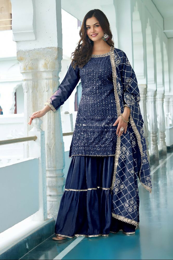 Teeya Creation Blue Colour Chinnon Silk Heavy Embroidery Work Fully Stitched Salwar Suit