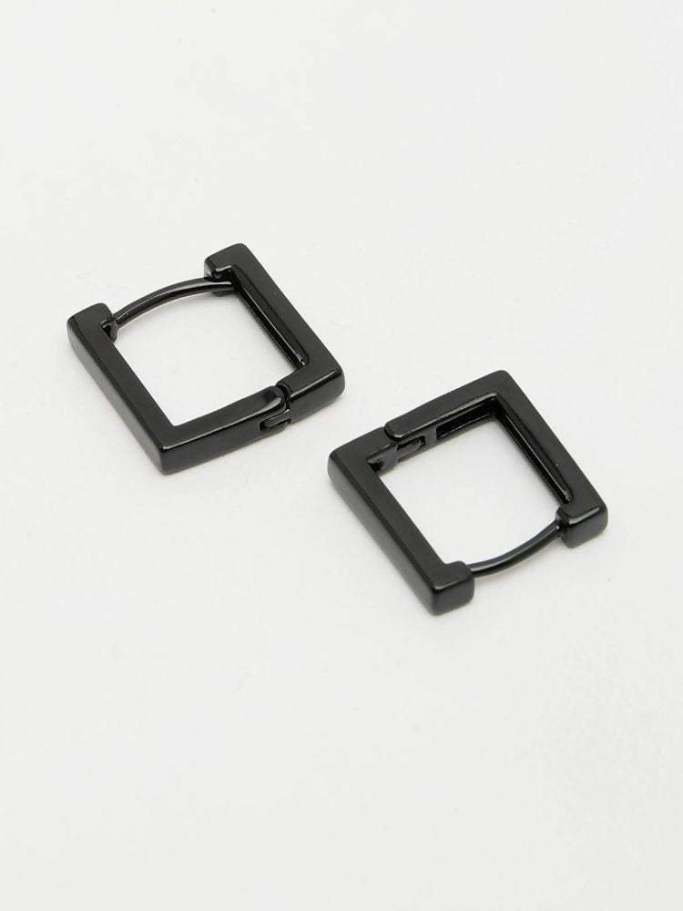 NVR Men's Black Rhodium Plated Geomatric Shaped Hoop Earrings