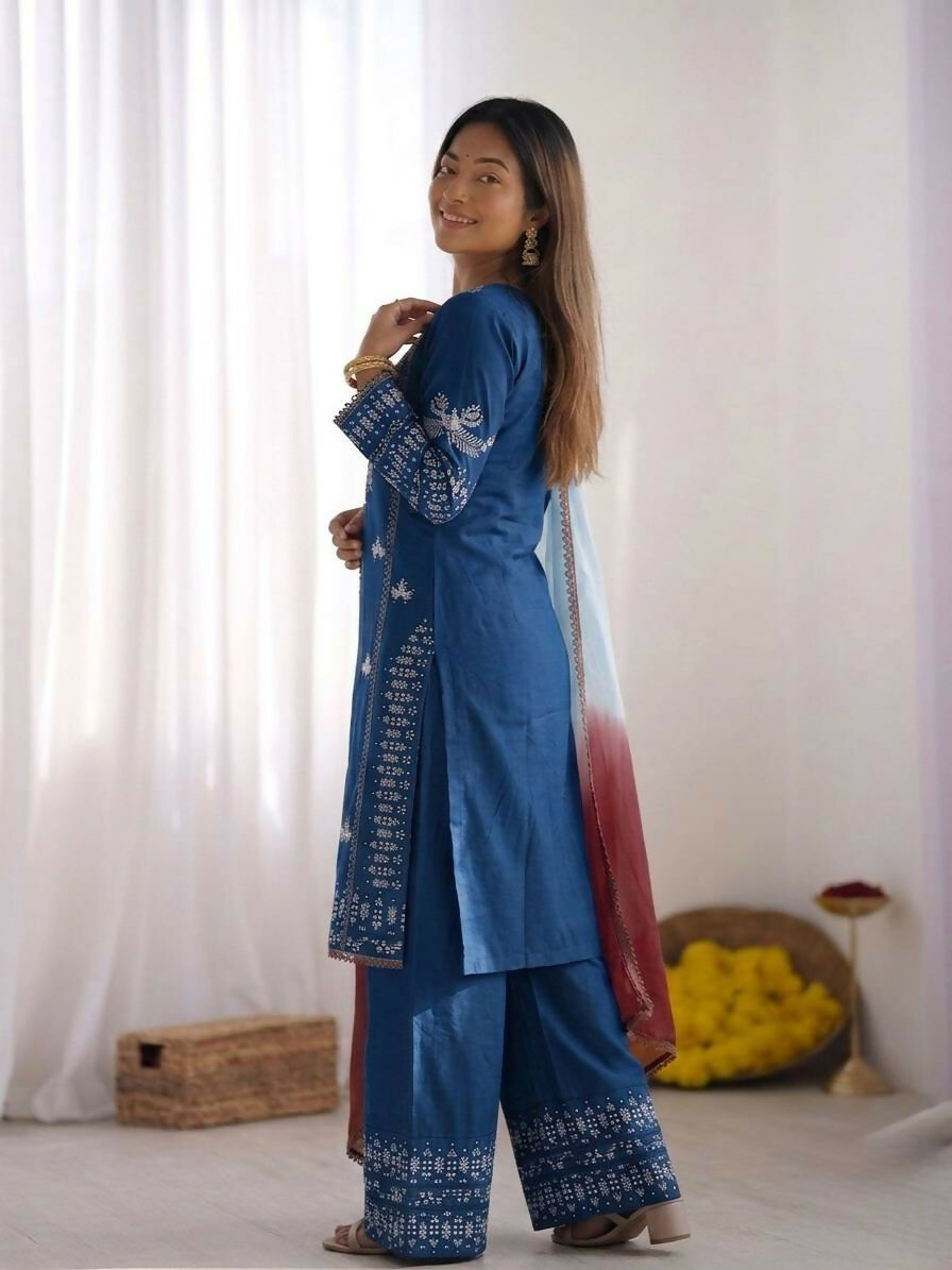 Teeya Creation Womens Trendy Stylish Embroidery Thread Work Blue Kurta Set