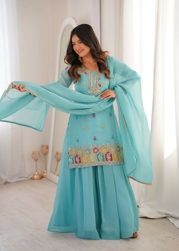 Teeya Creation Sky Blue Color Soft Crunchy Silk Party Wear Designer Sharara set