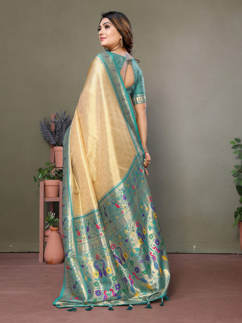 Aastha Fashion Cream Tissue Silk Paithani Woven Saree