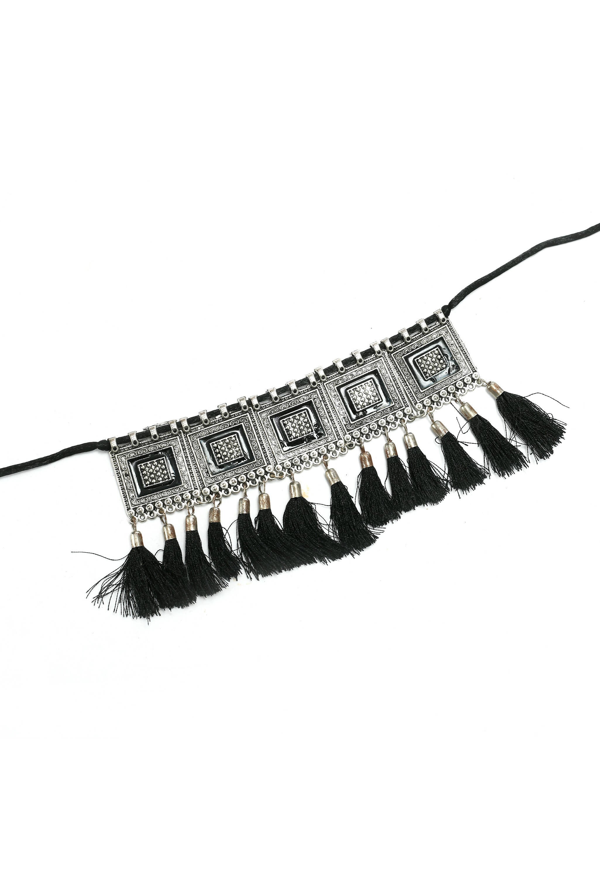 Mominos Fashion Johar Kamal Oxidised Silver-Plated Brass Finish Tassel Work Handicraft Choker For Women (Black)