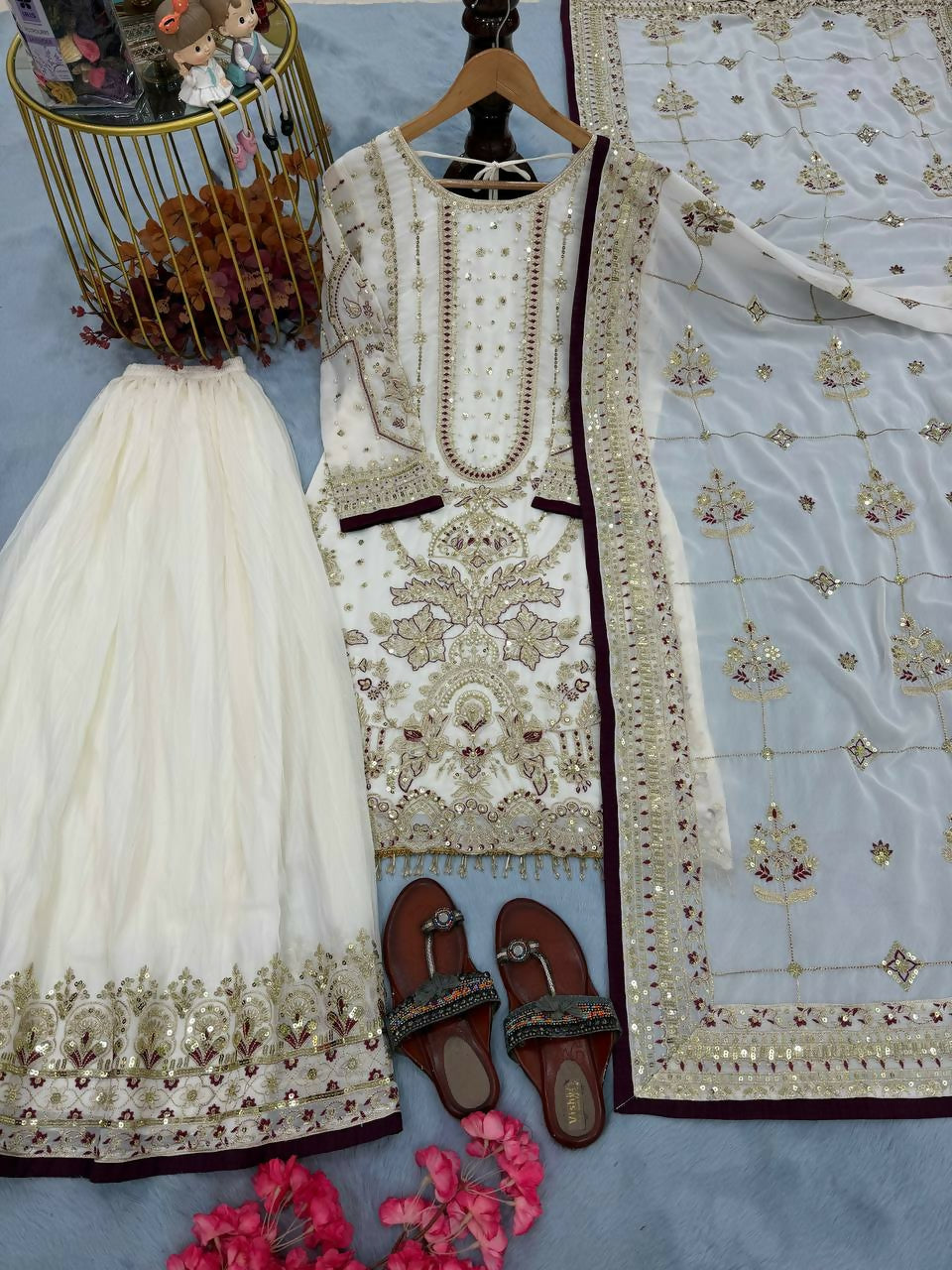 Teeya Creation White Faux georgette Designer heavy work Wedding Wear Palazzo pair