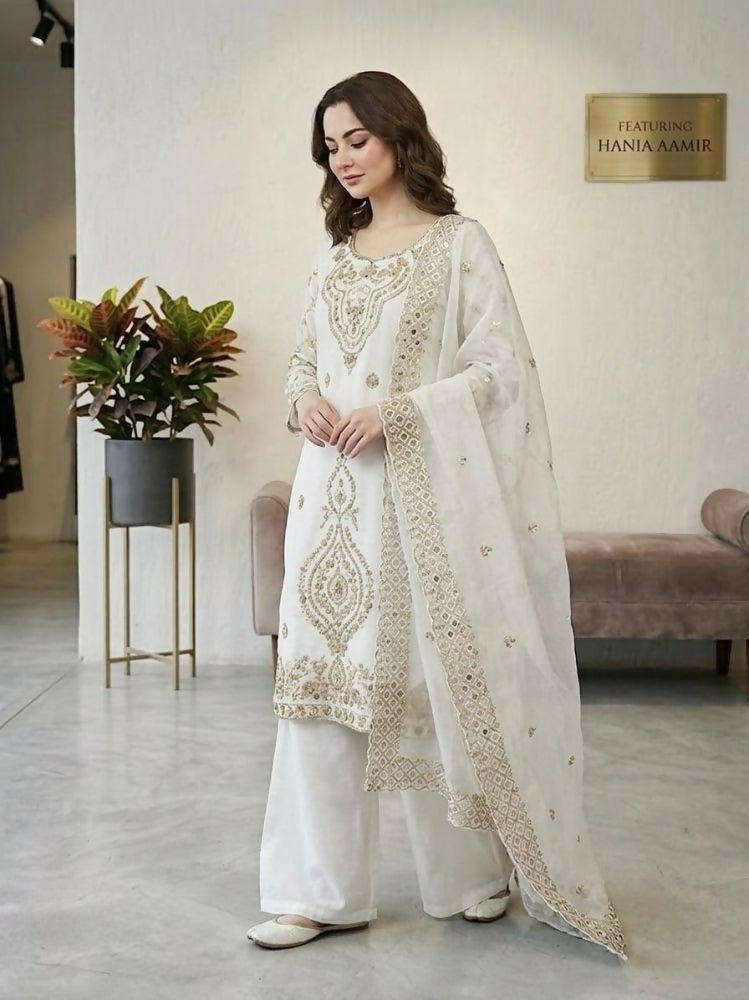 Teeya Creation White Color Gimmychu Silk Embroidery Work Wedding Wear Salwar Suit