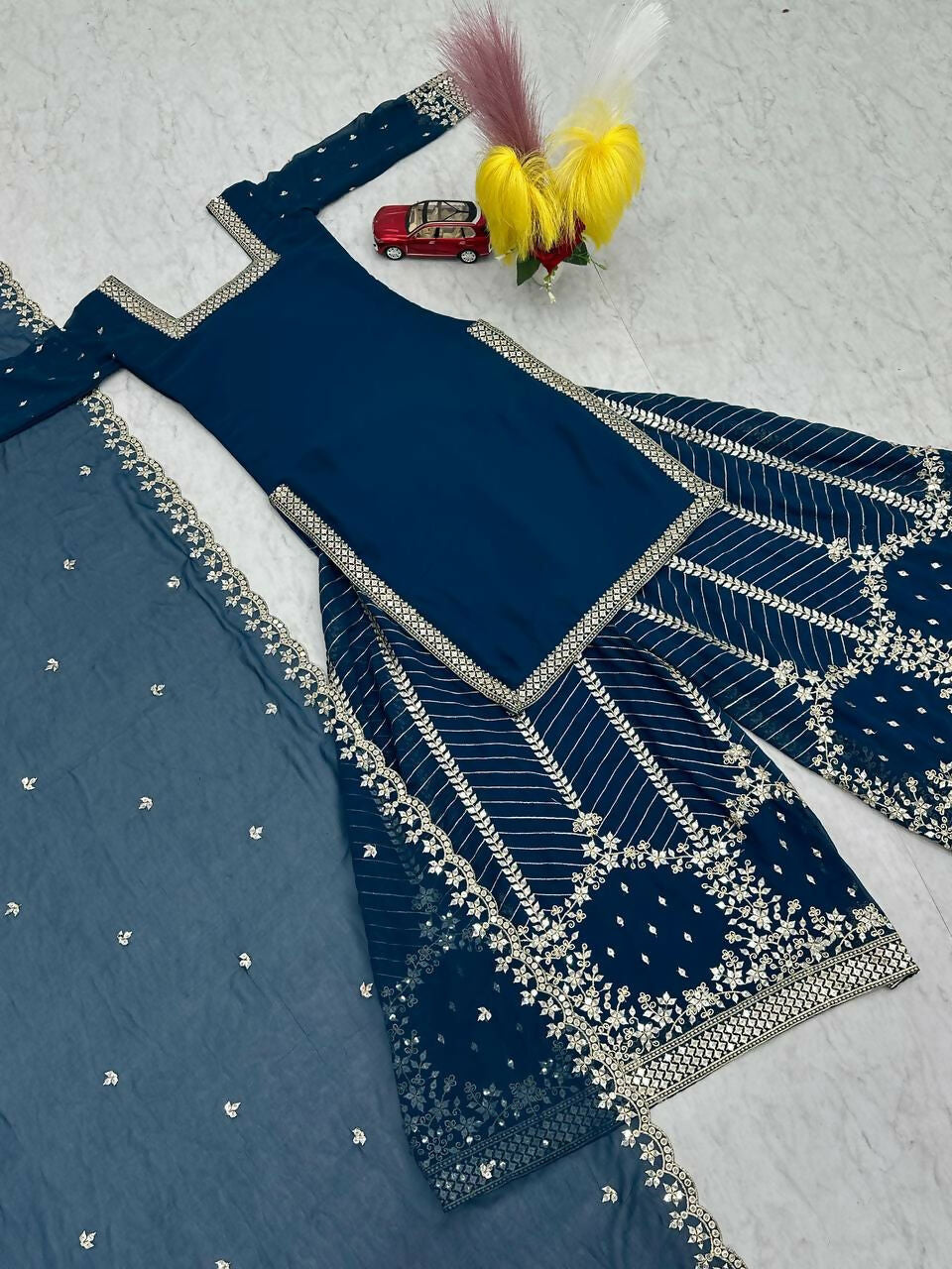 Teeya Creation Womens New Heavy Fox Georgette Fabric With Heavy Embroidery Work Teal Kurta Set