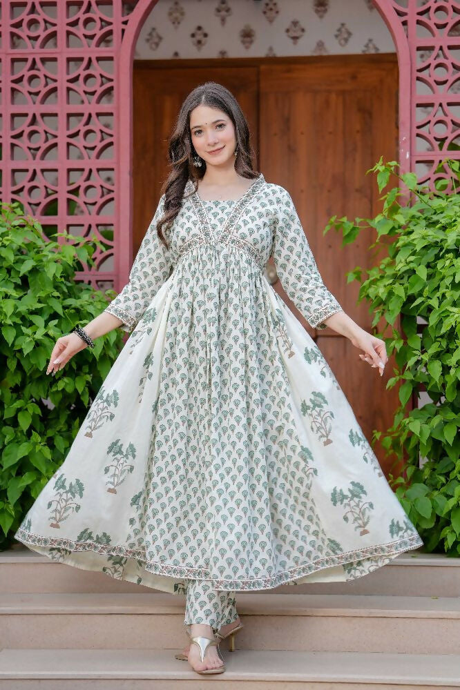 Jaimini Women Cotton Printed V-Neck 3/4 Sleeves Calf Length Flared Kurta Pant And Dupatta Set