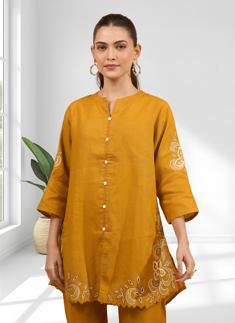 Joban Fashion Yellow Cotton, Linen Embroidered Readymade Cord Set