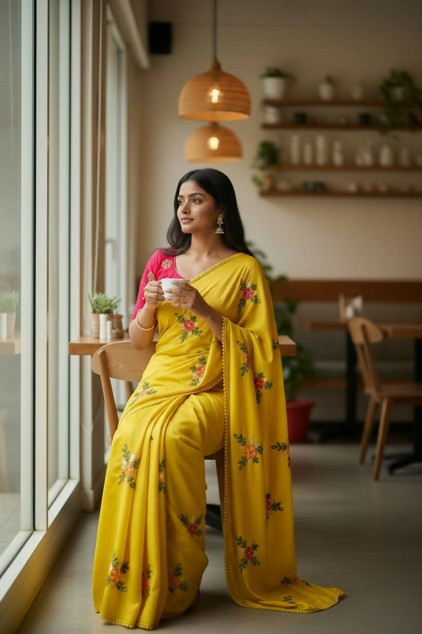 Teeya Creation Yellow Rangoli Silk Embroidery Work Party Wear Designer Saree
