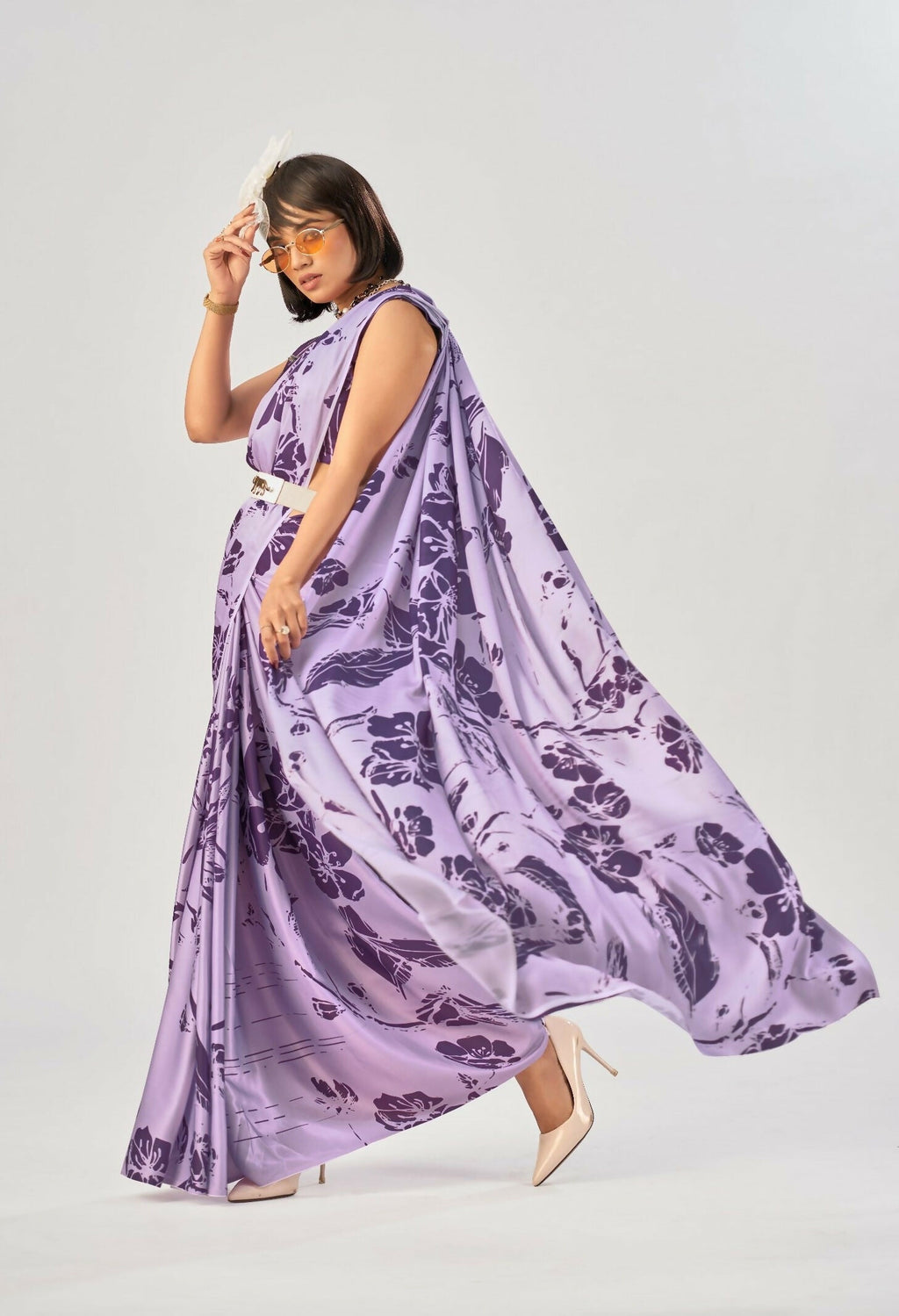 Vastranavya Lavender Satin Silk Elegant Printed Saree with Unstitched Blouse
