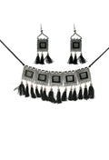 Mominos Fashion Johar Kamal Oxidised Silver-Plated Brass Finish Tassel Work Handicraft Choker For Women (Black)